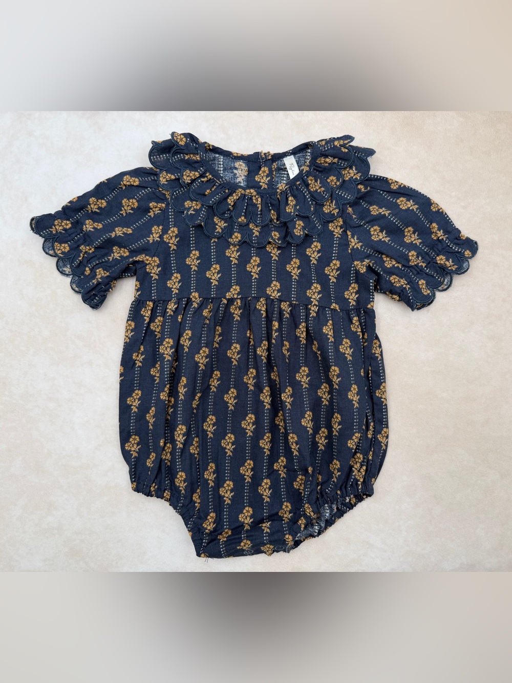 New Rylee + Cru Navy Blue and Mustard Floral Romper